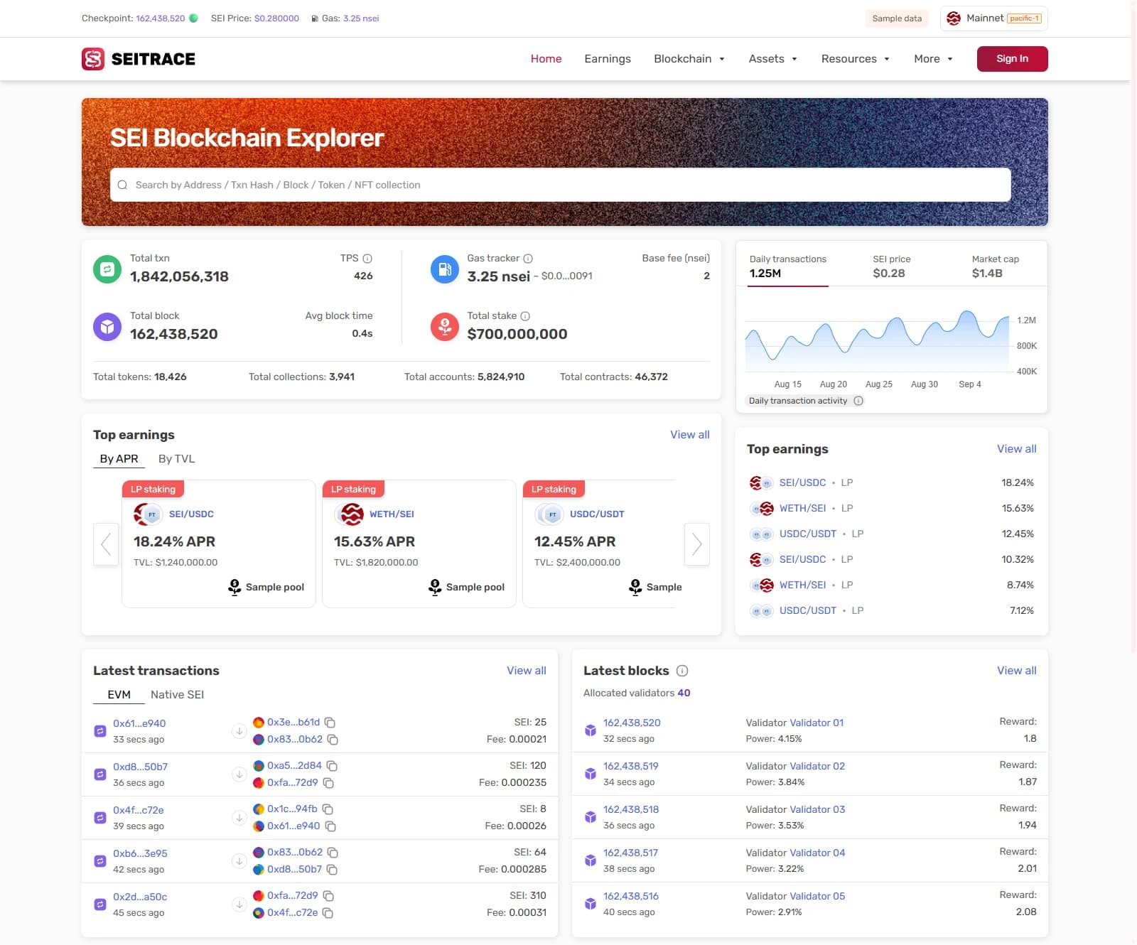 Seitrace — explorer homepage · sample data