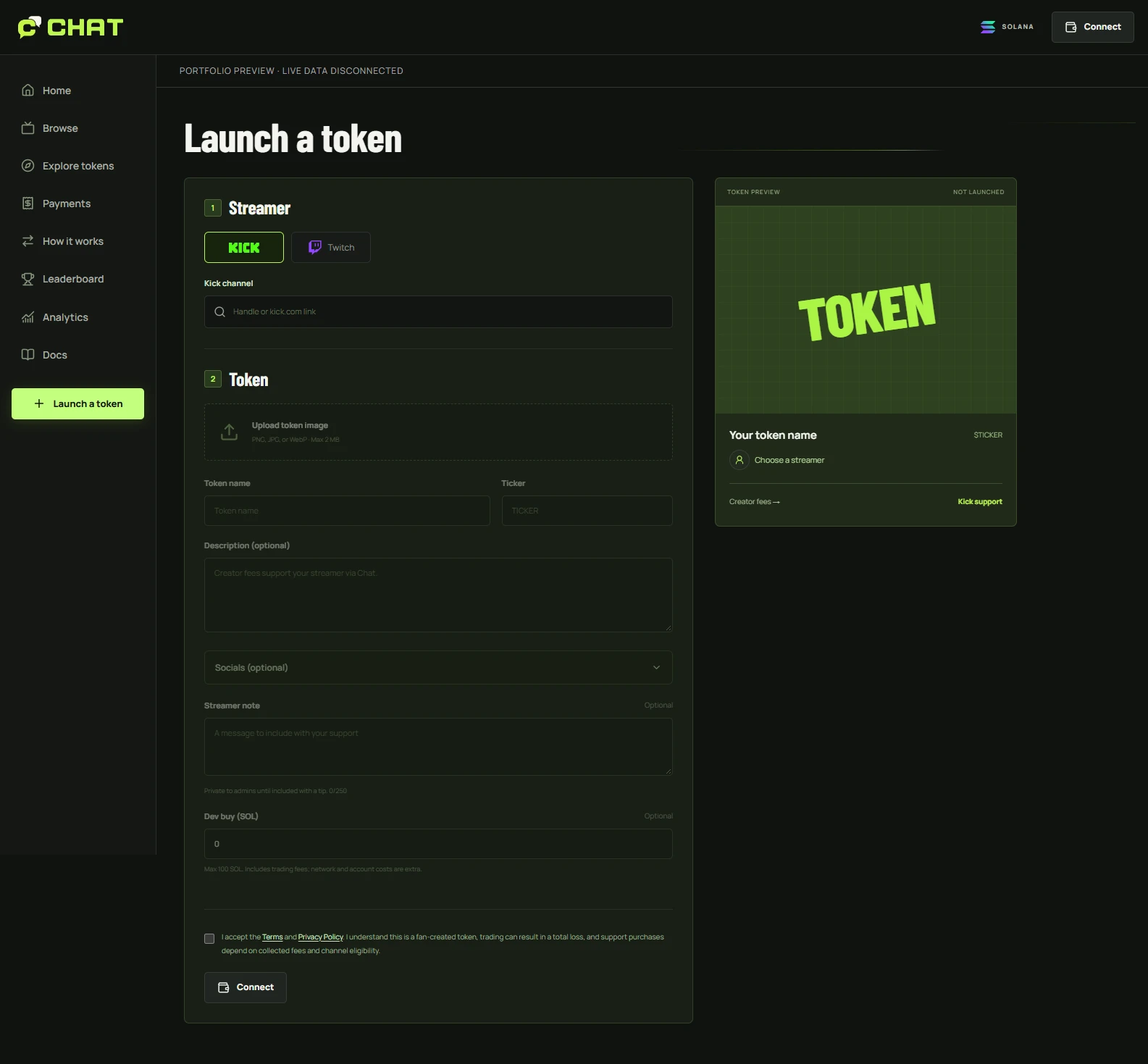 Chat — Token-launch form · Local preview, live data disconnected