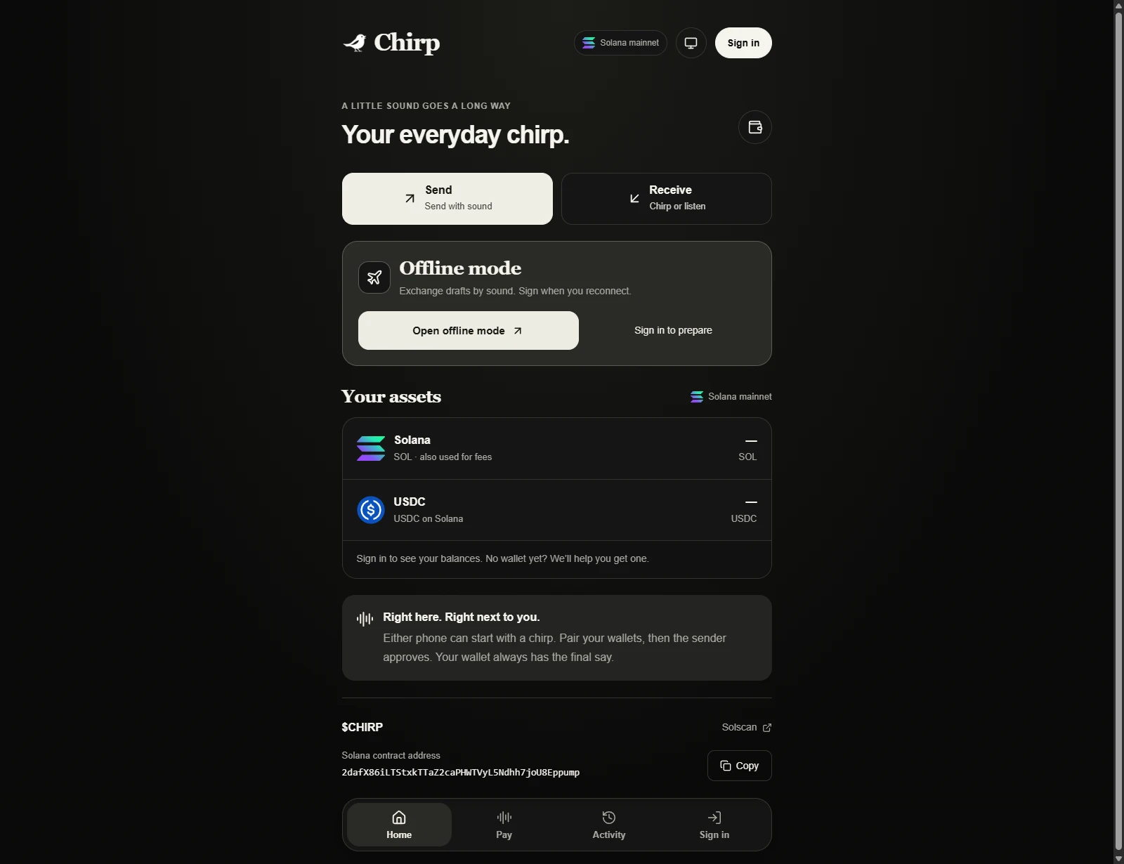 Chirp — App home and offline-mode entry · Signed-out view