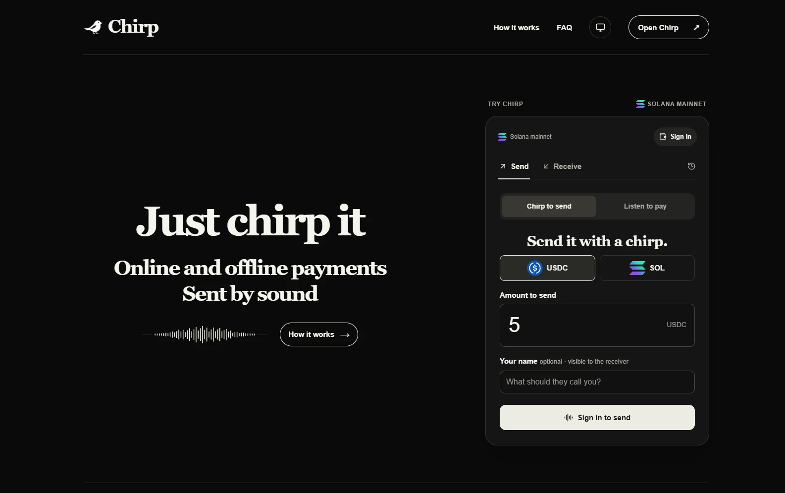 Chirp — product website · signed-out view
