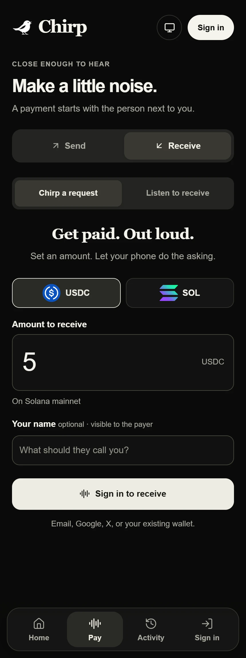 Chirp — Mobile payment-request form · Signed-out view