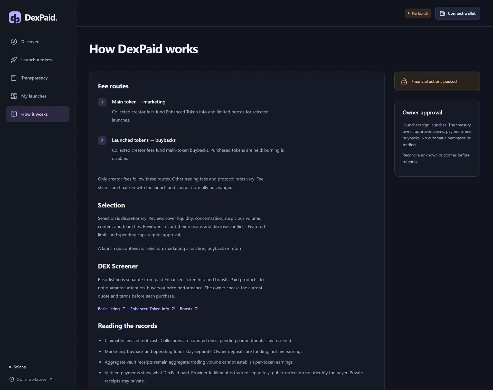 DexPaid — Fee routes and selection policy · Pre-launch