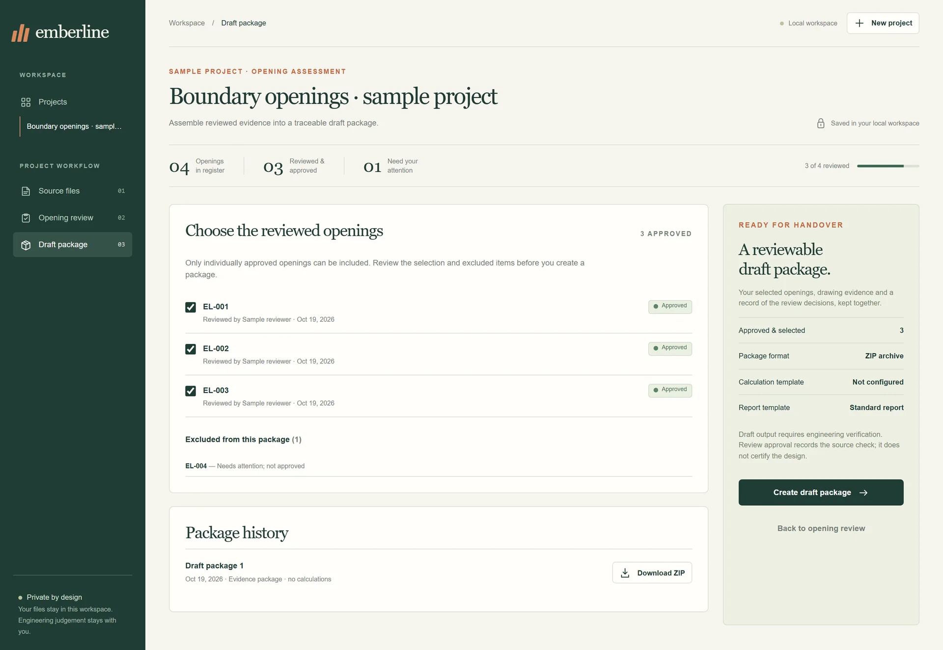 Emberline — Draft evidence package · Synthetic sample