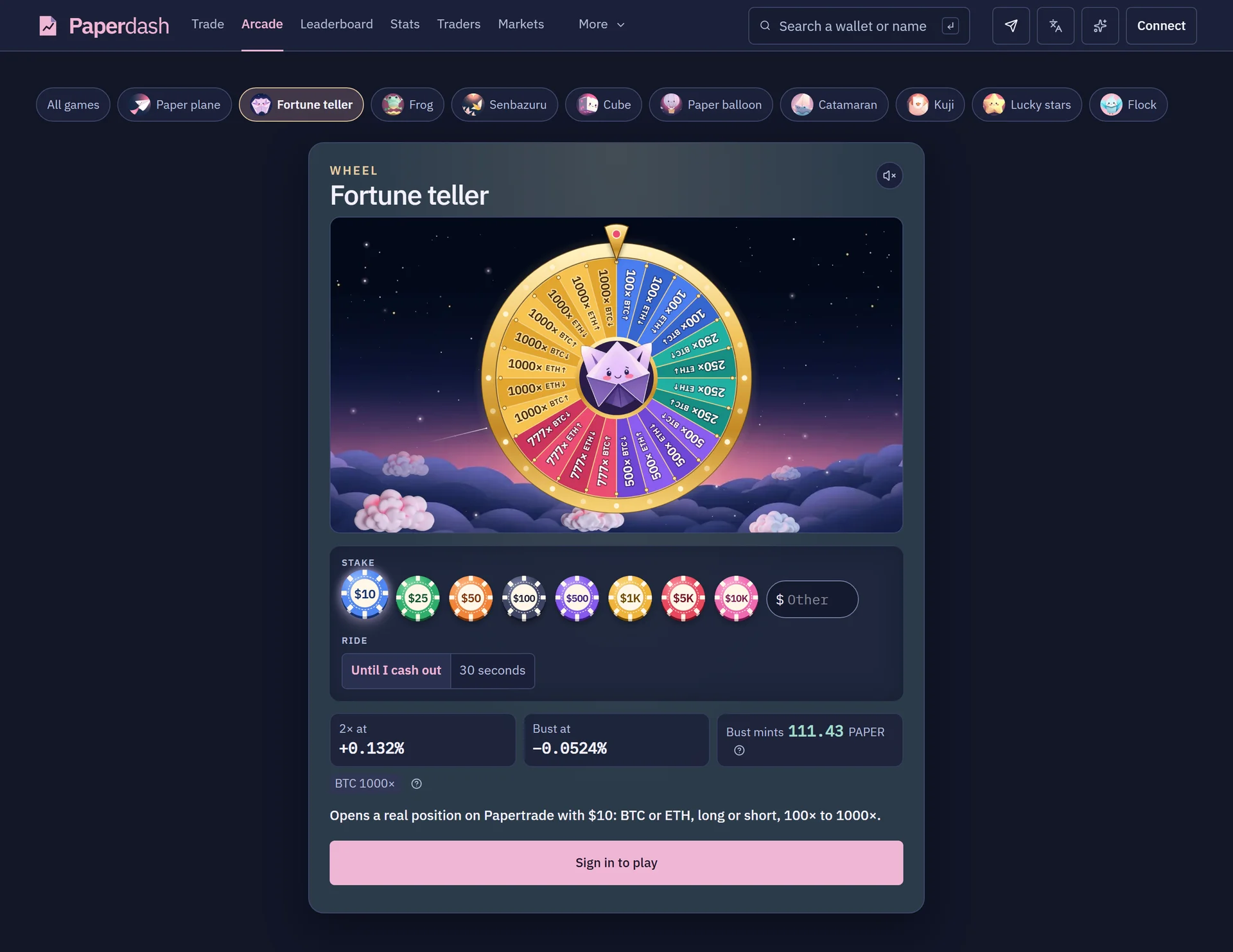 Paperdash — Arcade wheel table · Signed-out view