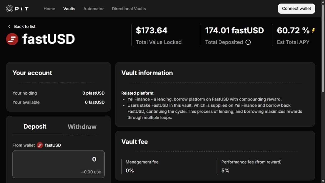 Pit Finance — vault interface