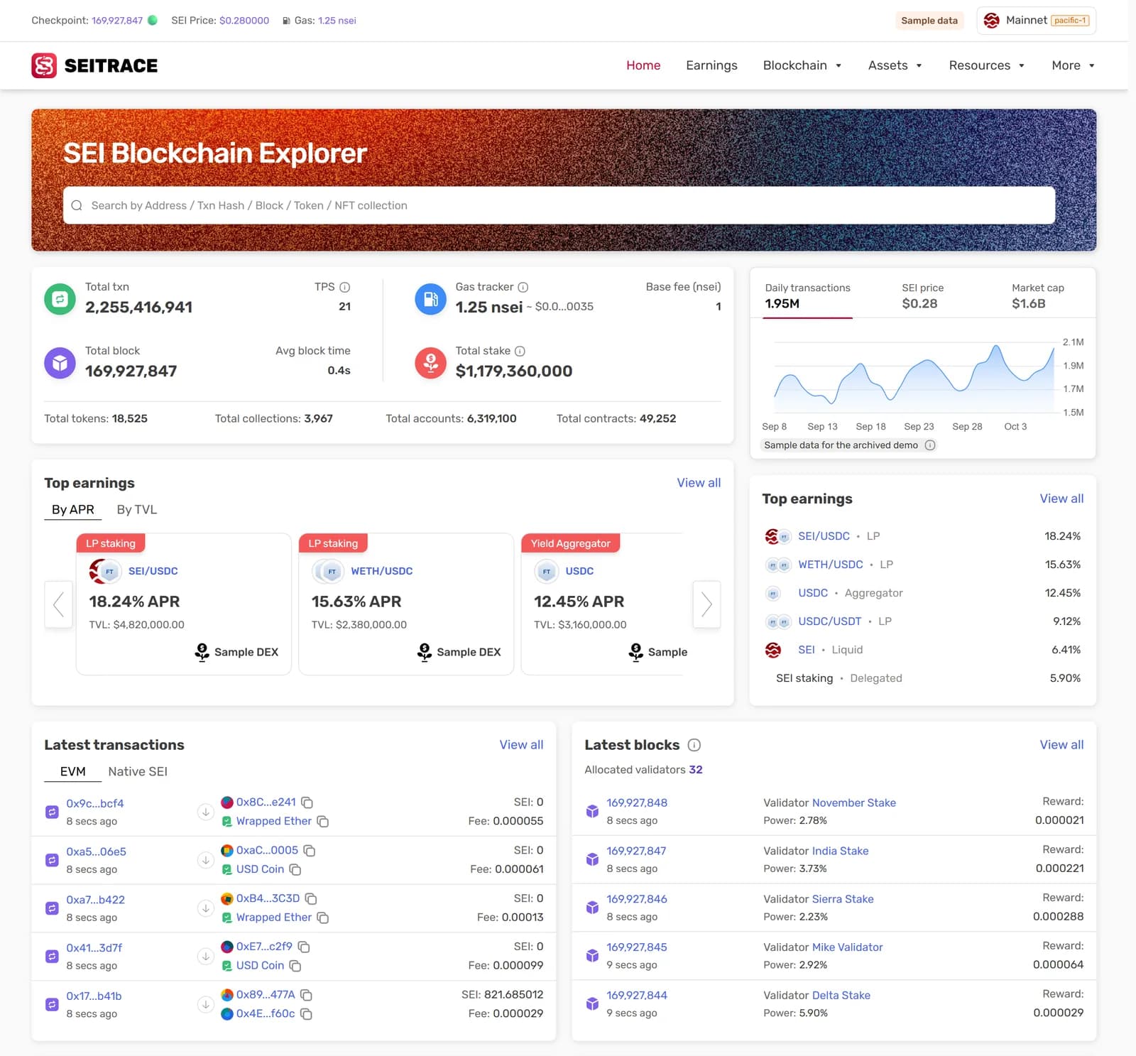 Seitrace — explorer homepage · sample data