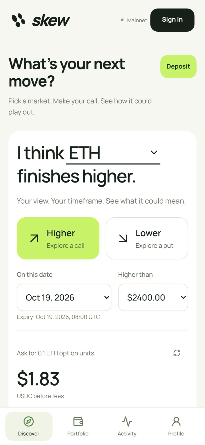 Skew — Outcome composer on a phone · Live market data